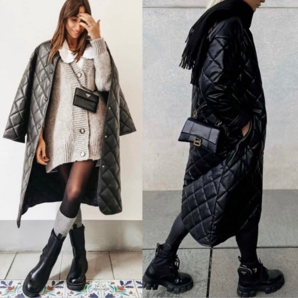 Zara Black Quilted Long Coat - Picture 3 of 6